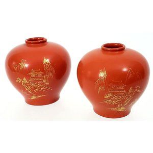 Pair of Vintage Royal Maruni Red & Gold Porcelain Vases